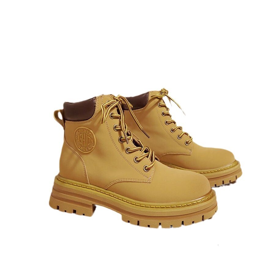 Ddmysports Autumn Winter New British Style Yellow High Appearance Versatile Martin Thick Sole Round Toe Short Boots Outdoor Shoes