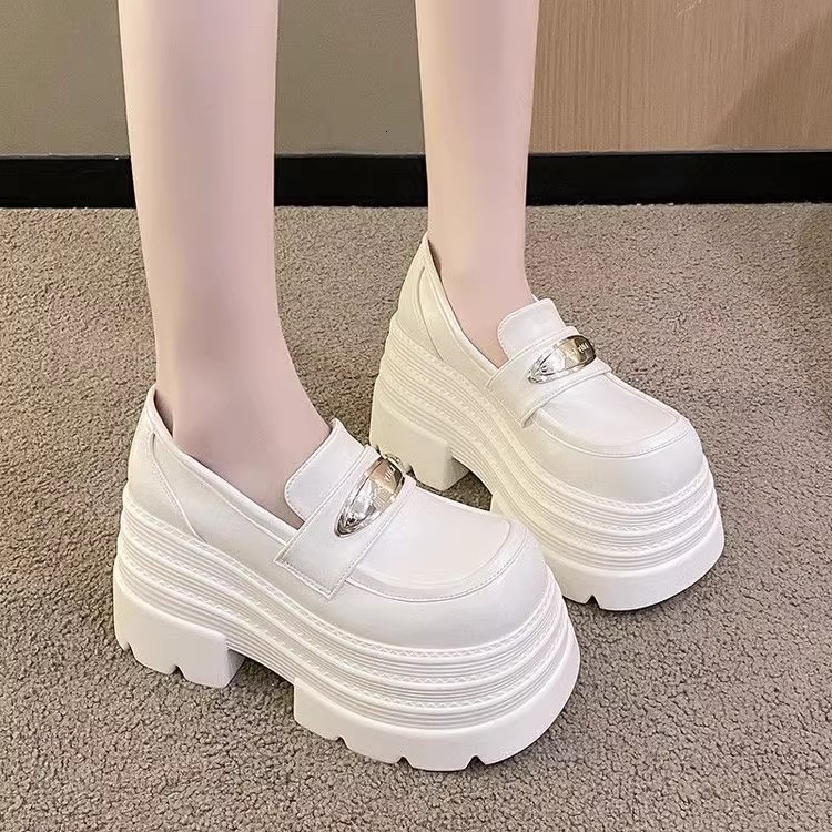 Ddmysports British Style Thick Soled White Loafers For Petite Women Chunky Heel Height Increasing Shoes Black Slip On Single Outdoor Shoes