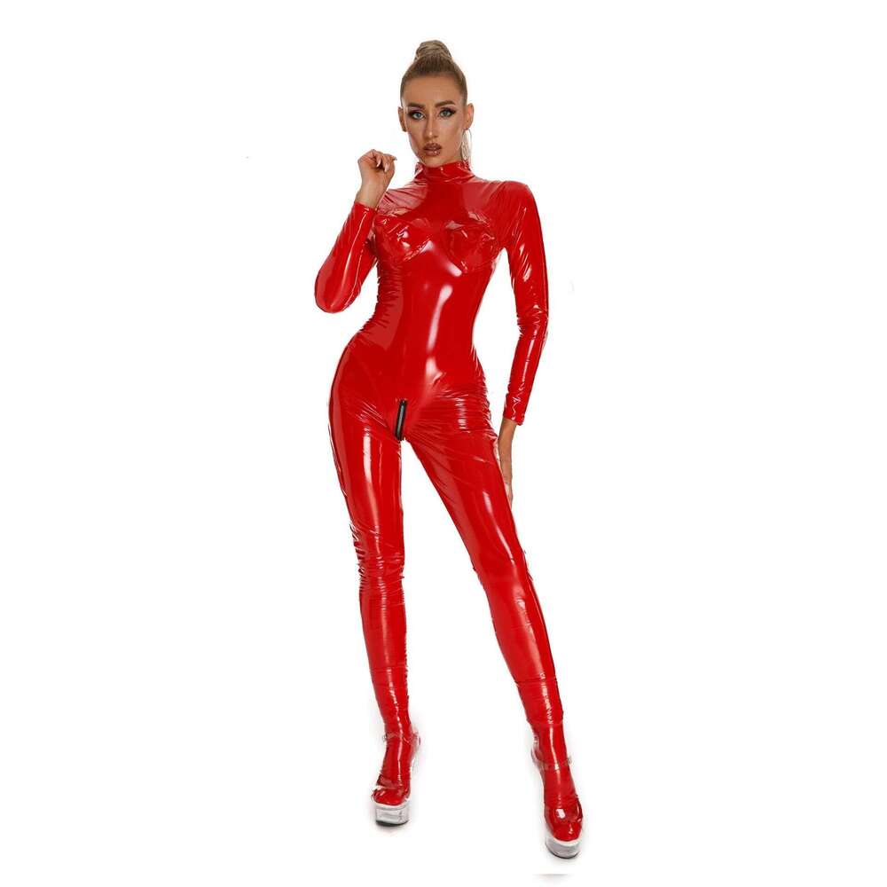 Sexy Lingerie Porn Suits PU Patent Latex Full Zipper Pants Shiny Uniform Sexy Bodycon Tight Mirror PVC One Piece Leather Suit Spell Lingerie