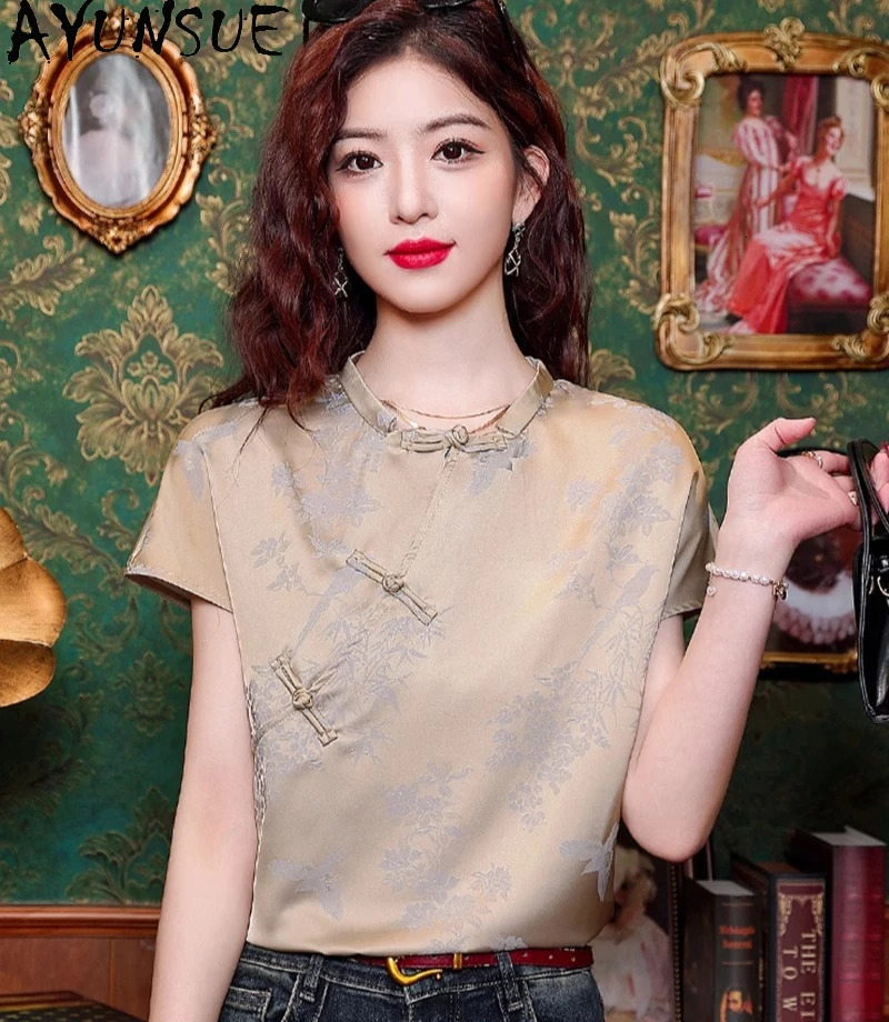 AYUNSUE Natural Mulberry Silk Blouse Woman Chinese Style Stand Collar Tops for Woman Clothes Short Sleeve Shirts Woman 2025 250609