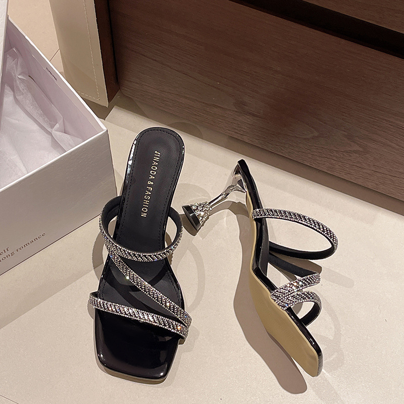 Ddmyoutdoor Rhinestone High For Women Summer Outdoor Fashion New Style To Match Dresses Fitting Room Thin Heel One Strap Slippers Outdoor Shoes