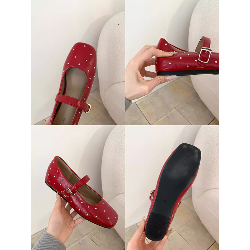 Ddmyoutdoor Studded Red Mary Jane For Women Spring New Square Toe Shallow Mouth Single Flat One Strap Small Leather Shoes Outdoor Shoes
