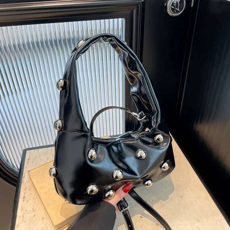 Black Half Moon Underarm Bag For Women Studded Beading Handbags Red Purse Solid Color Pu Leather Shoulder Crossbody Bags