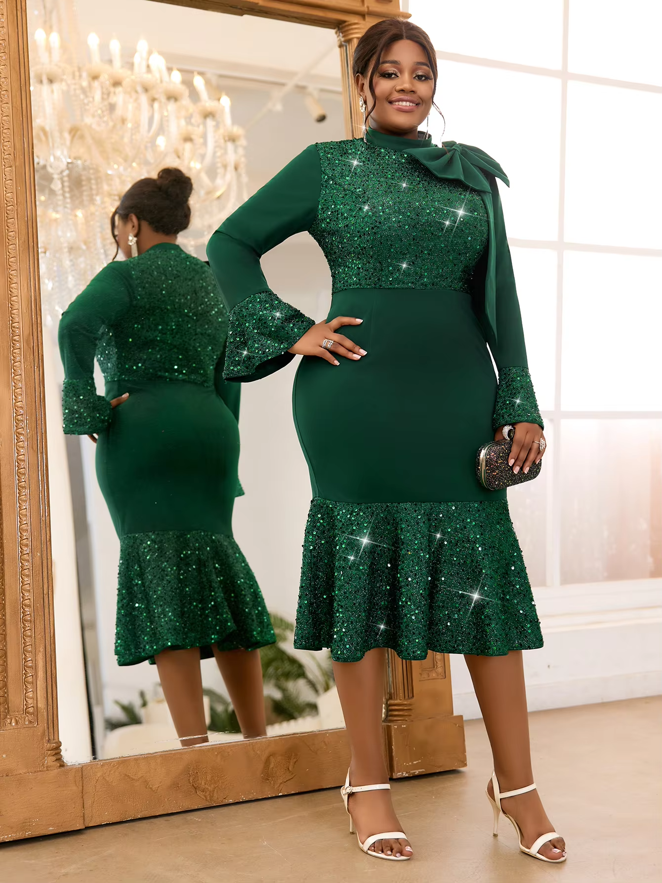 Women Evening Dresses Mermaid Bow Draped Sequin Long Flare Sleeves Plus Size 1XL 2XL 3XL 4XL AM040618