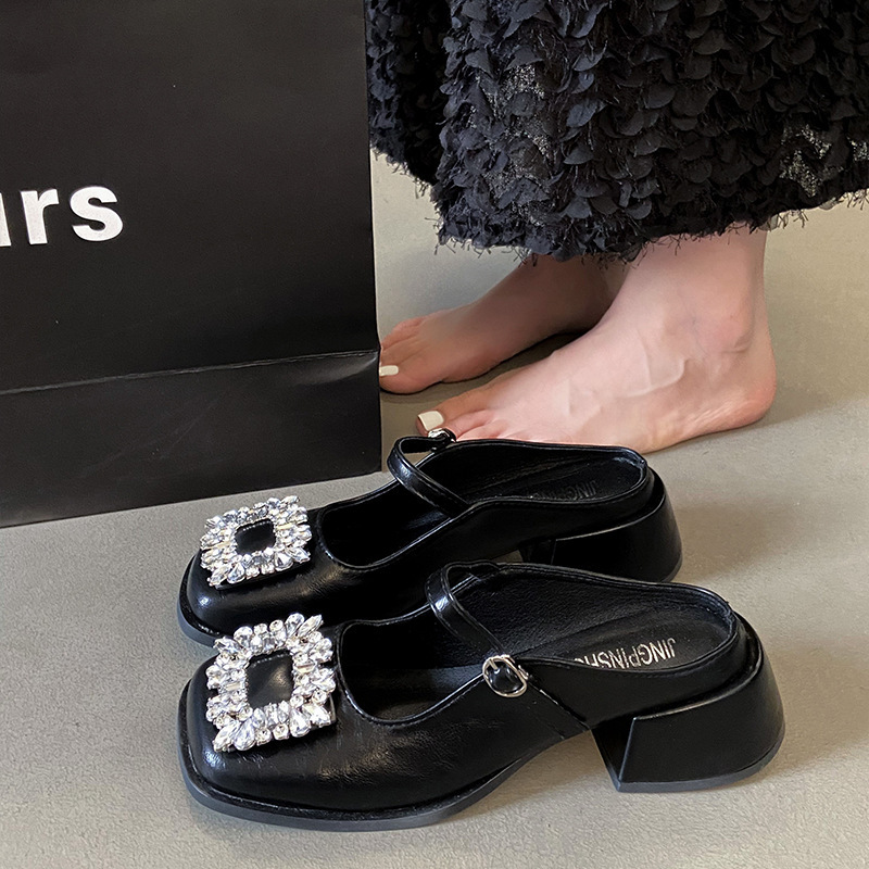 Ddmyoutdoor Rhinestone Square Buckle Peep Toe Mules For Women Summer New Fashion Chunky Heel Silver Super Popular Mary Jane Shoes Outdoor Shoes