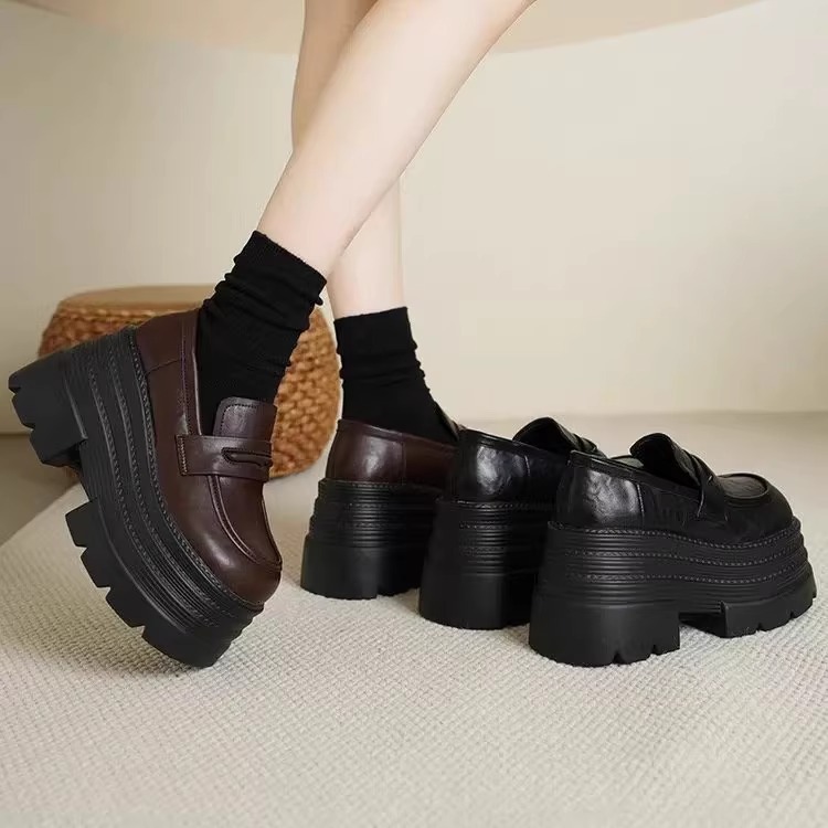 Ddmysports New Spring Summer Thick Soled Chunky Heel British Style Women S Slip On Loafers Black Leather Shoes Outdoor Shoes