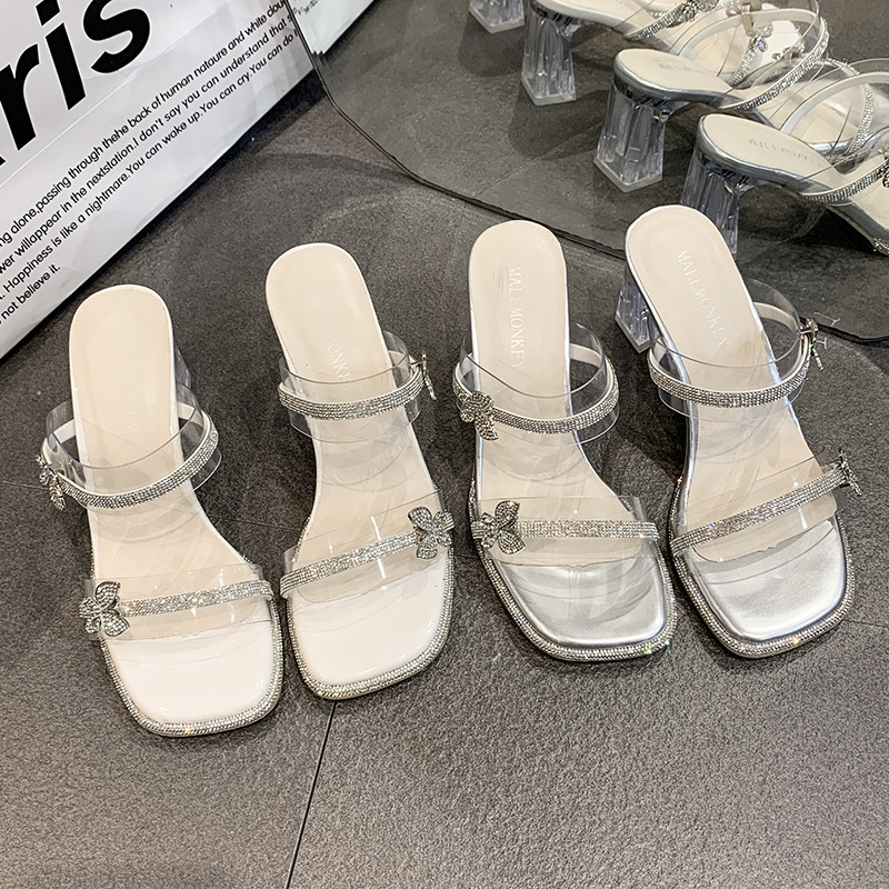 Ddmysports Fairy Style Crystal Chunky Heel For Women Outdoor Summer New Stunning Transparent Rhinestone Elegant One Strap Slippers Outdoor Shoes