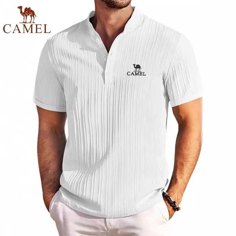 High End Embroidered CAMEL Cotton and Linen Striped Henry Polo Shirt New Summer Mens Retro Fashion Casual Short Sleeved Top Z250613