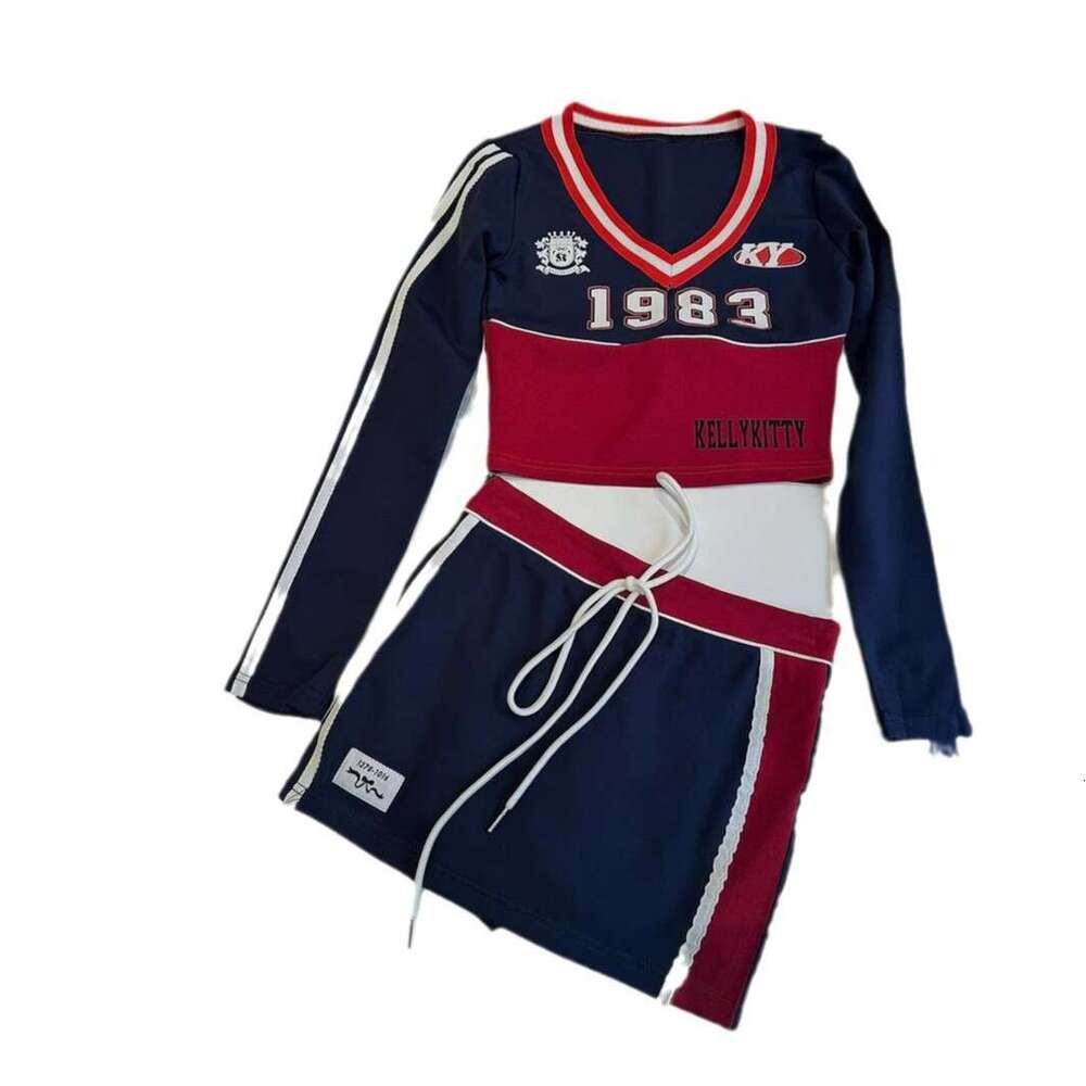 Autumn New Slim Fit Fashion Print Color Block Spicy Girl Long Sleeve Top With Tie Short Skirt Set B5