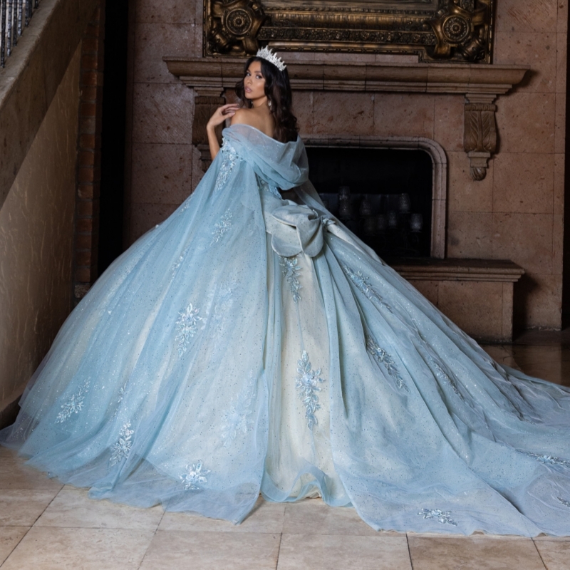 Sky Blue Shiny Quinceanera Dresses Ball Gown Off The Shoulder Applique Lace Beads Bow Tull With Cape Sweet 16 Dress Vestidos 15 De Anos