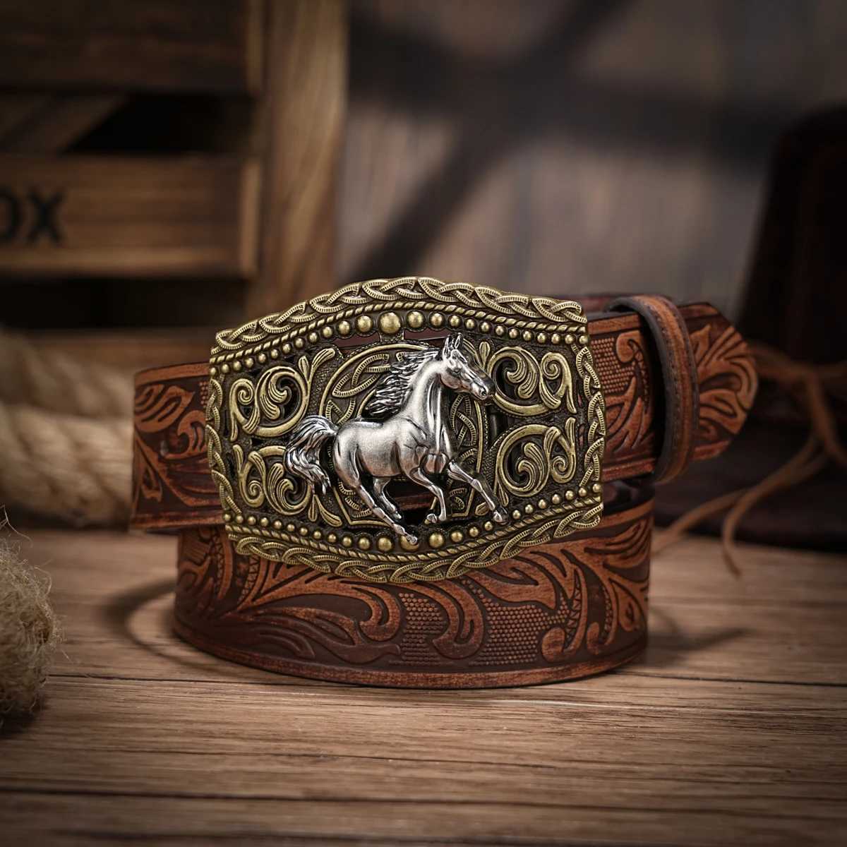 Western Cowboy PU Leather Belt - Men Waist Strap Bl Decoration Floral Engraved for Jeans X2506141