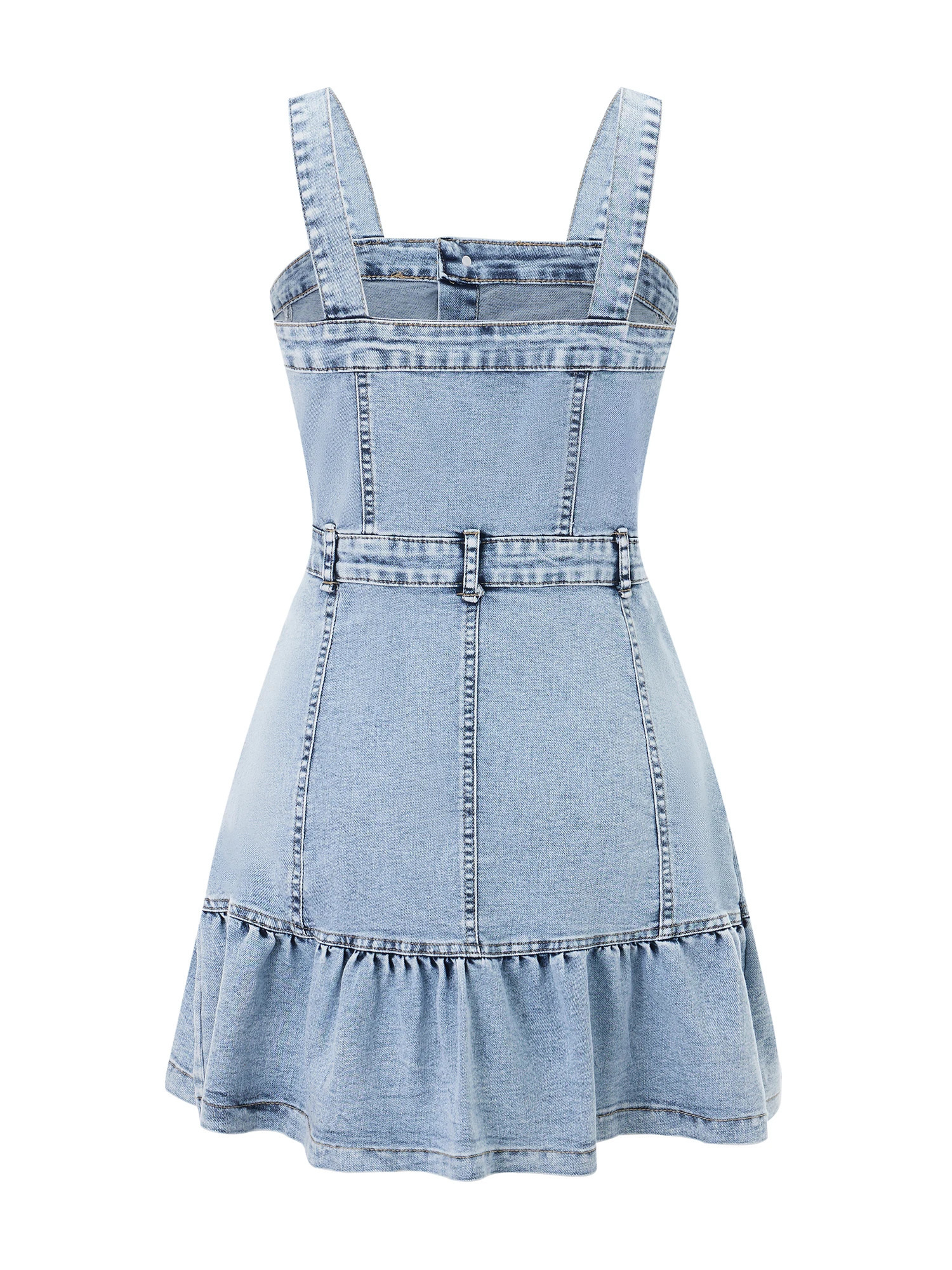 Women s Sleeveless Denim Jumpsuit with Button Up Front and Square Neckline Solid Color Overall Mini Dress for Summer Beachwear 250609
