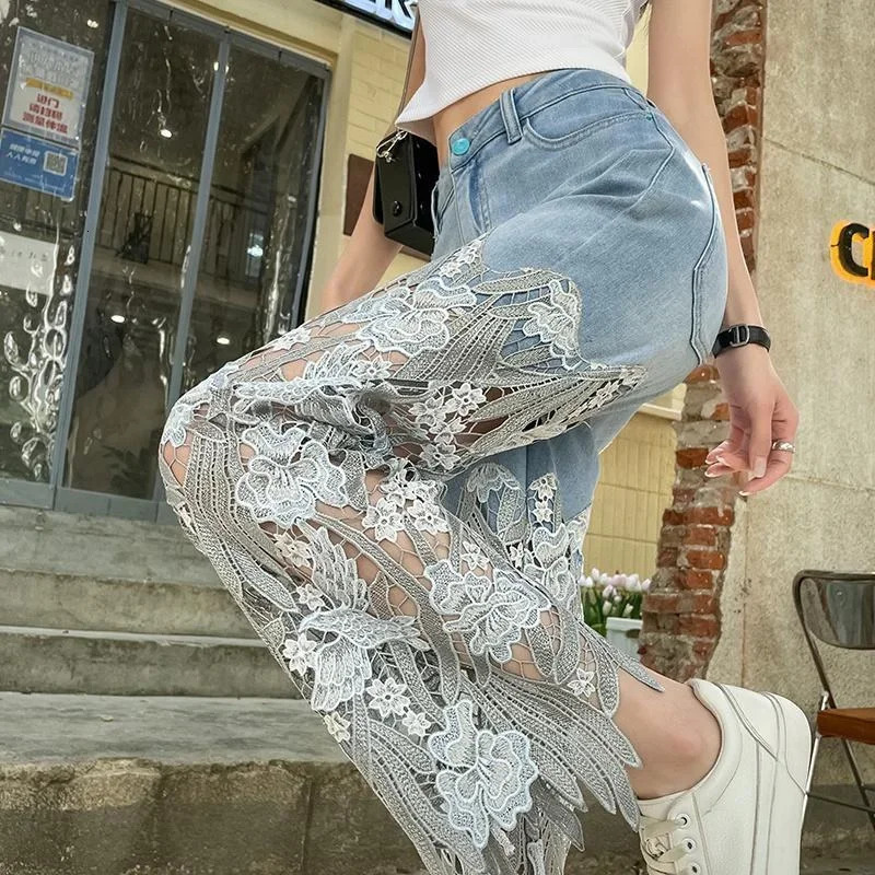 Blue High Waist S Pants for Women Splicing Straight Leg Womens Jeans Summer Trousers Quality Grunge Y2k Good Shiny A 90s 250612