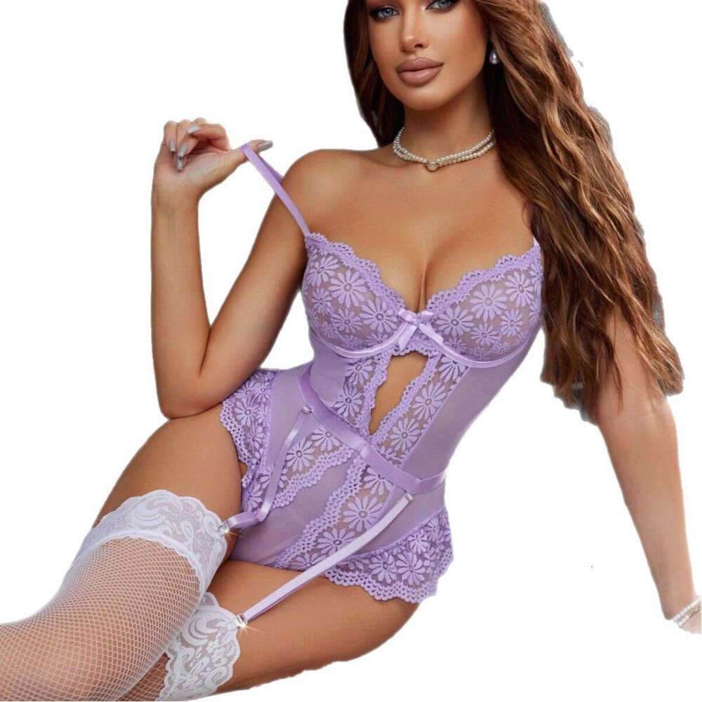 Sexy Lingerie Porn Suits Light Purple Underwire Bodysuit Sexy Lingerie Bowknot Crotchless Sleepwear With Stockings Spell Lingerie