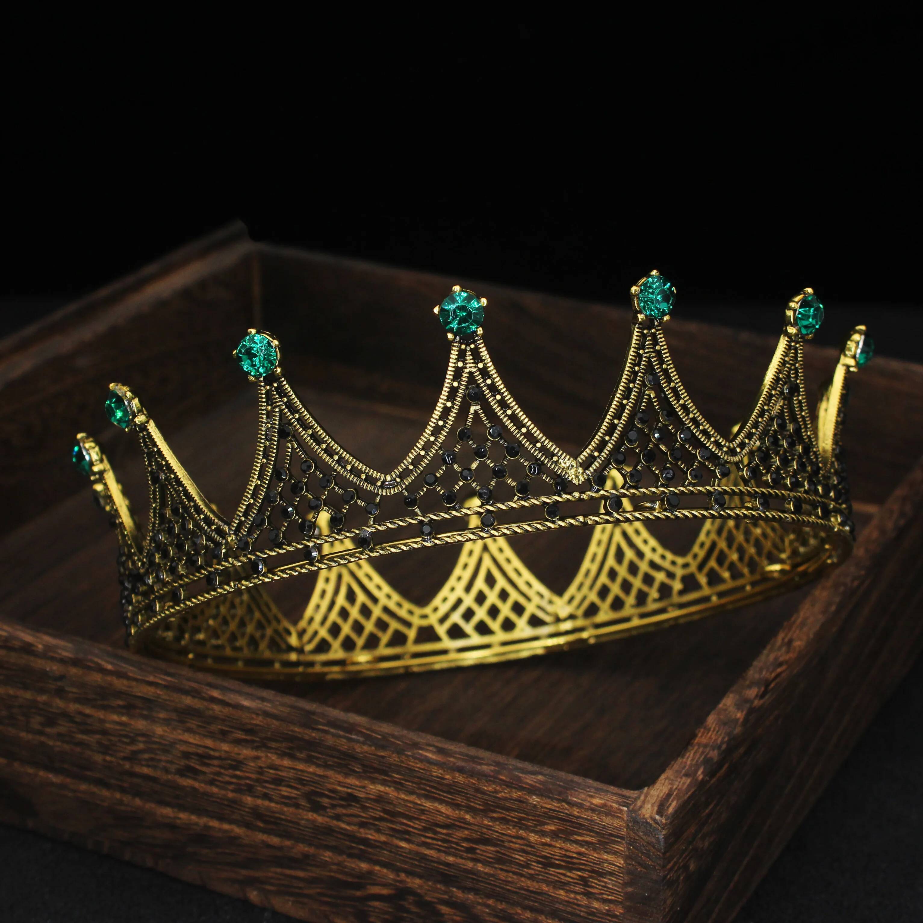 Vintage Crystal Queen King Tiara Crown Pageant Prom Headpiece Men Ornaments Wedding Hair Jewelry Accessories