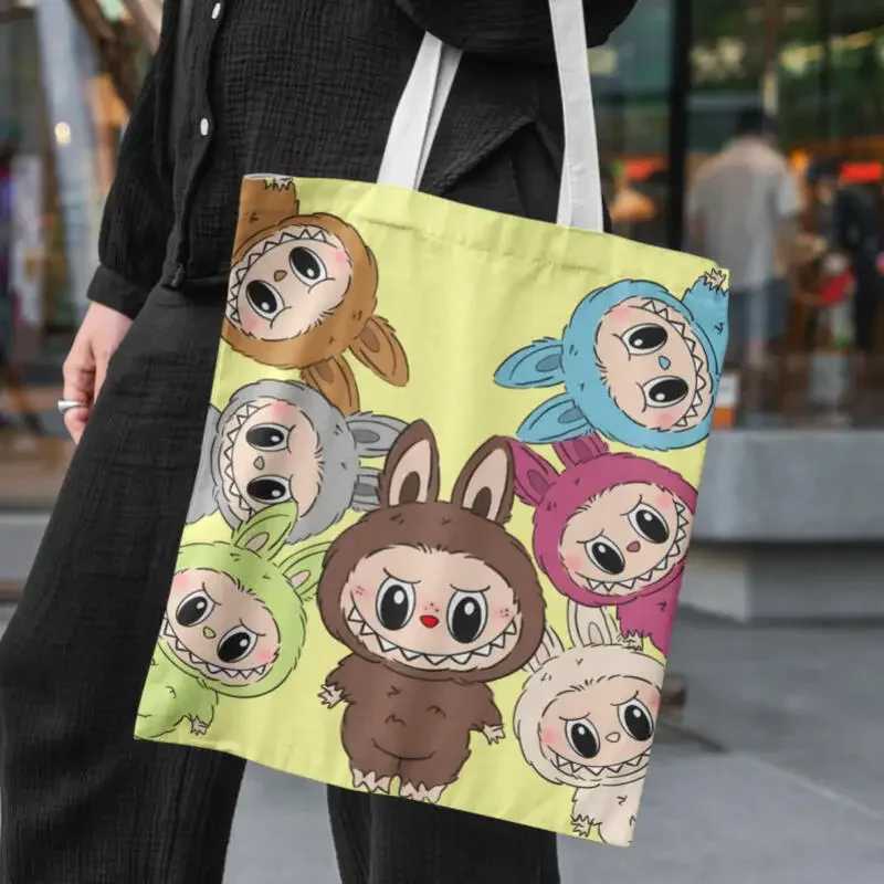 Kawaii Labubu Tote Anime Handbag Student Portable Canvas Makeup Shopping Storage Bag Travel High-Capacity Girls Birthday Gifts Z250614