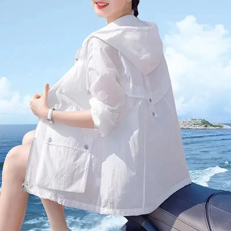 Summer Hooded Sun Protection Clothing Womens Thin Short Jacket Women Trench Coat 250611