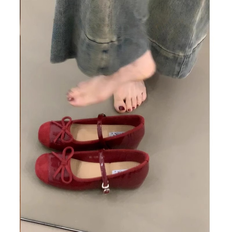 Ddmyoutdoor French Style Red Hidden Wedge Mary Jane For Women Spring New Shallow Mouth Ballet Flats One Strap Granny Shoes Outdoor Shoes