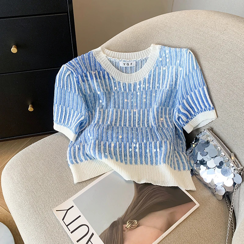 Summer Womens Sweater Sequins Striped Slim Knit Pullovers Tshirts Crop Tops Stylish Chic Fashion Short Sleeve Oneck Jumpers 250612