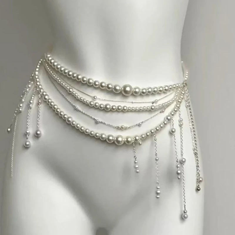 Pearls Beaded Waist Chain Women Elegant Tassels Decorative Waistband Multi Layered Body Jewelry for Party Daily Wear 250610
