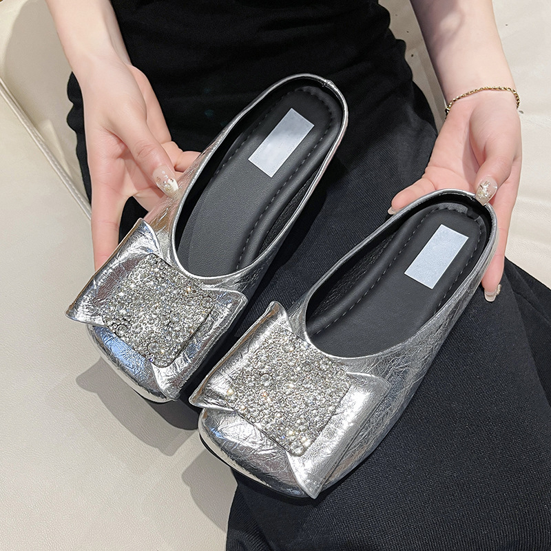 Ddmyoutdoor Square Shallow Mouth Shoes Korean Style Leather Flat Slip On Rhinestone Velvet Slippers Women S Closed Toe Outdoor Shoes