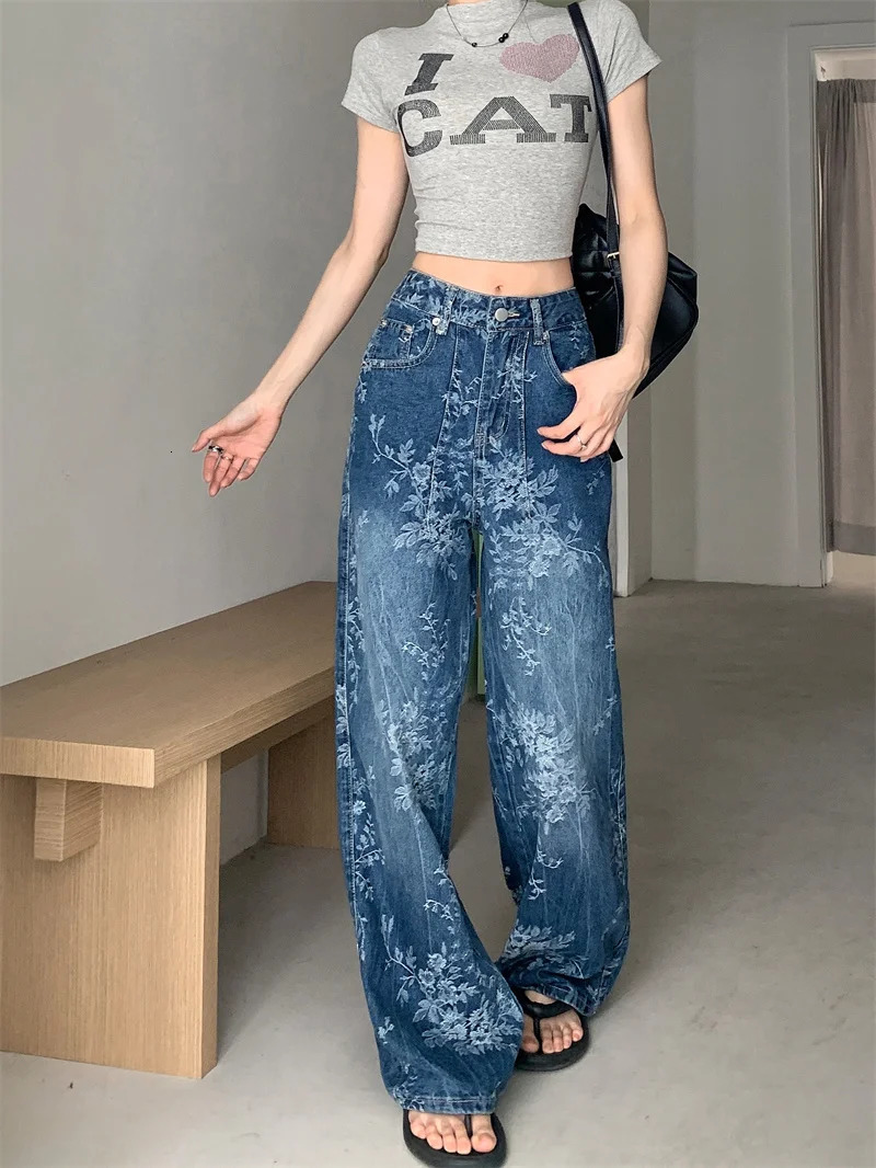 Premium Y2K Jeans Artistic Floral Printed Distressed Denim Relaxed Straight Leg Palazzo Pants 2664 250612