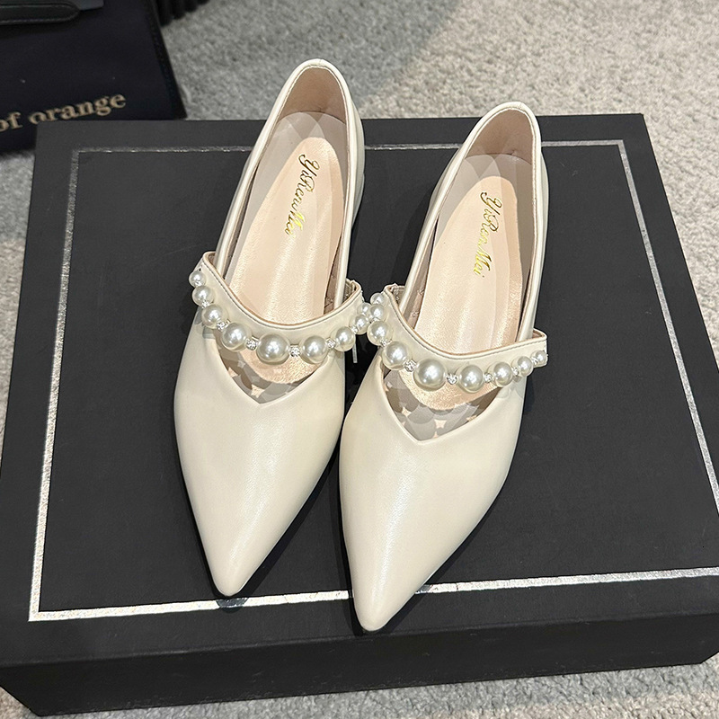 Ddmyoutdoor French Style Mary Jane For Women Spring Summer New Pearl Strap Pointed Toe Dress Shallow Mouth Single Shoes Outdoor Shoes