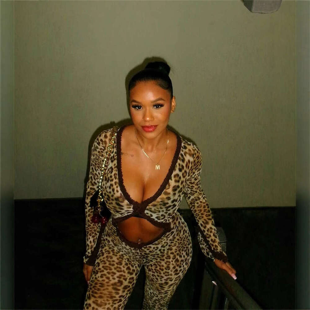 New Fashion Slim Sexy Patchwork Hollow Leopard Print Mesh See-Through Jumpsuit B5