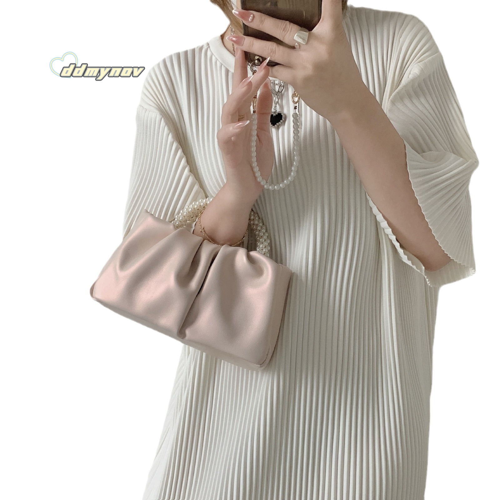 for Women 2024 New Trendy Fashion Round Pearl Handheld Pleated Cloud Niche Elegant Shoulder Crossbody Bag ddmynov