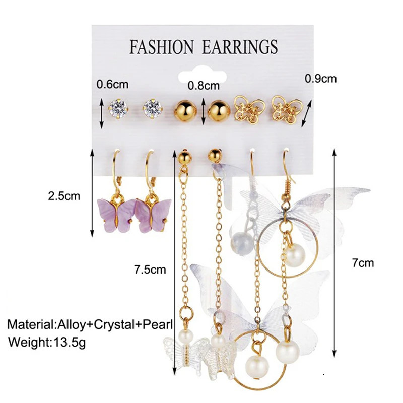 6 Pairs Korean Charm Gold Butterfly Stud Earrings Set For Women Girls Fashion Metal Long Tassel Chain Pierced Earrings Jewelry 250610