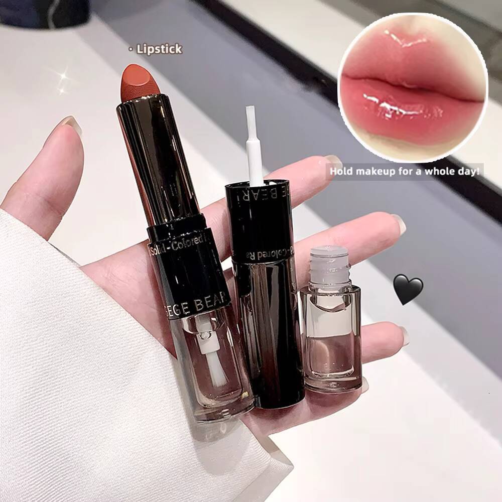 Gege Bear Double-ended with Lip Oil for Moisturizing and Hydrating Layered Color-developing Long-lasting Lipstick happy