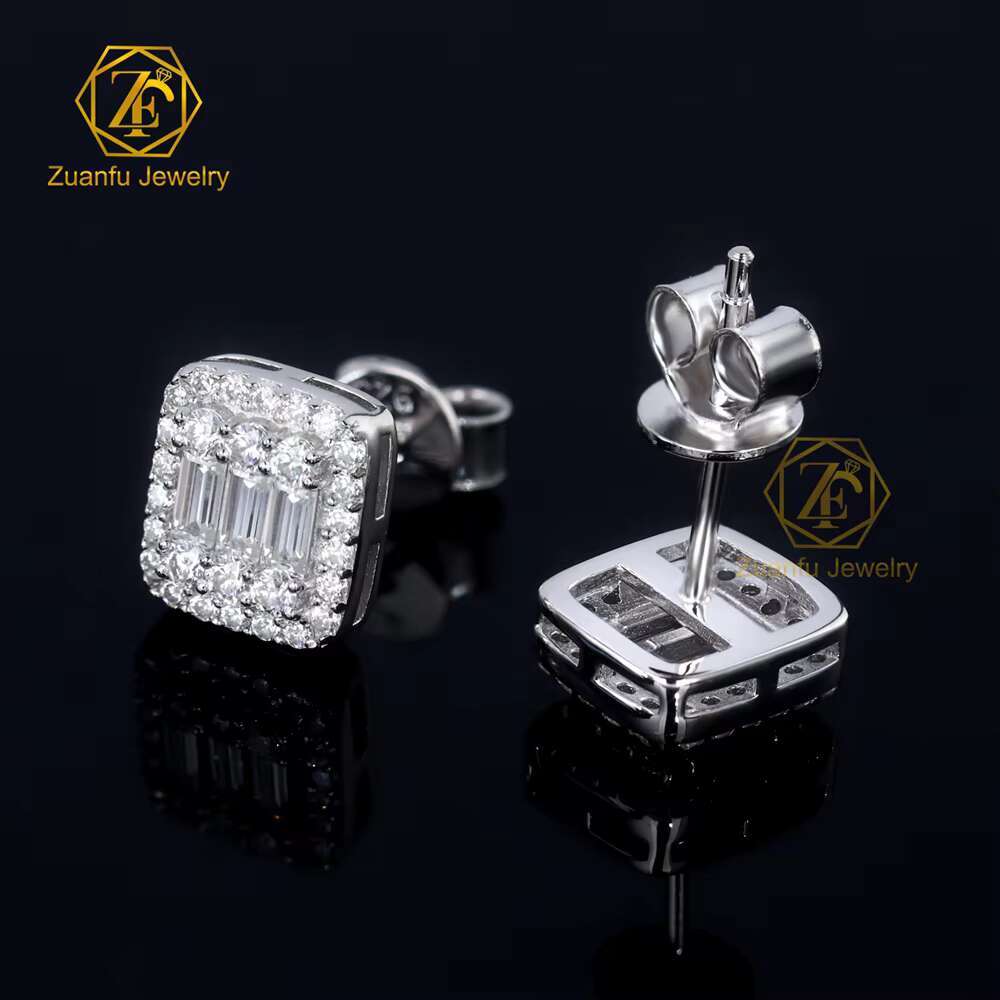 Wholesale Jewelry Hip Hop Iced Out Classic 925 Silver Baguette Moissanite Stud Earrings for Men Women