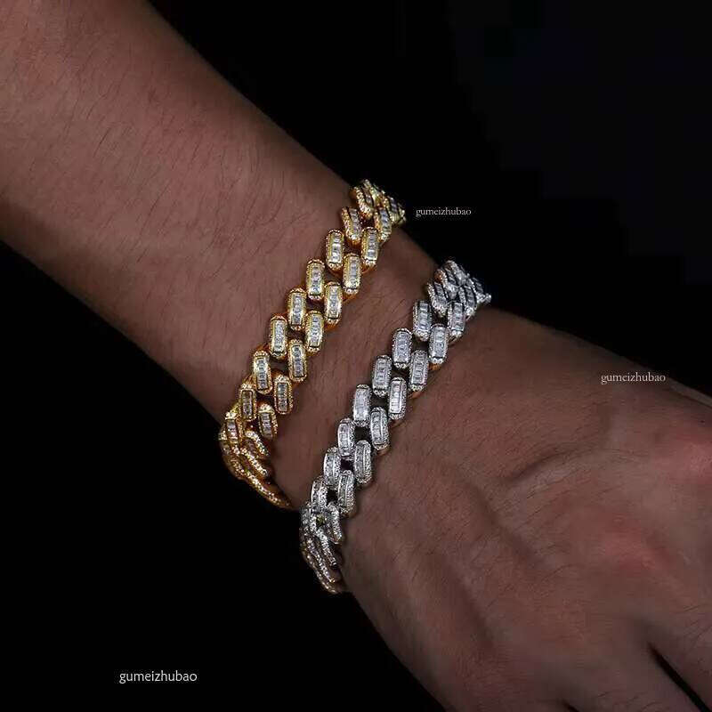 Hot Sale Rappers Hip Hop Jewelry 12mm Sterling Sier VVS Baguette Moissanite Dia Iced Out Cuban Link Chain Necklace