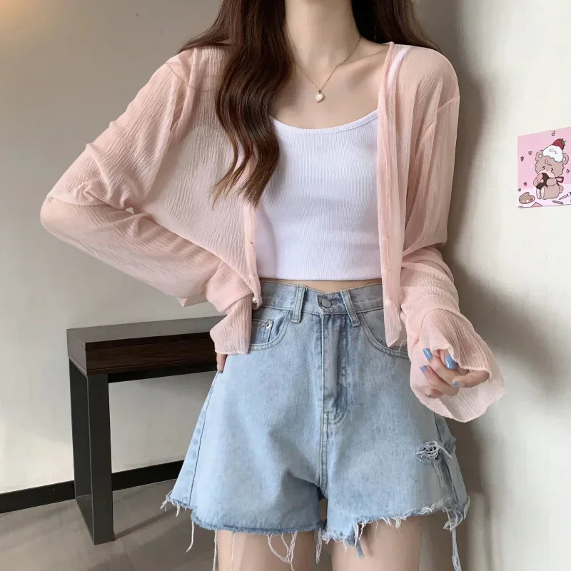 Fairy Style Solid Cardigan Women Summer Long Sleeve Sunscreen Sweet Beading Vneck Basics Loose Chiffon Cardigan 250612