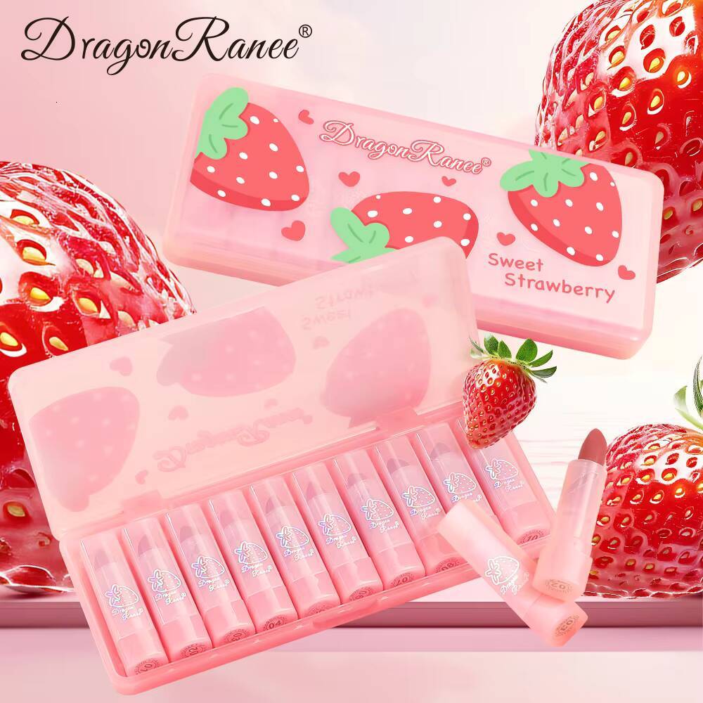 Dragon Ranee Matte Velvet Pink Strawberry Translucent 10 Pieces Waterproof Sweatproof Non-Stick Lipstick Set happy