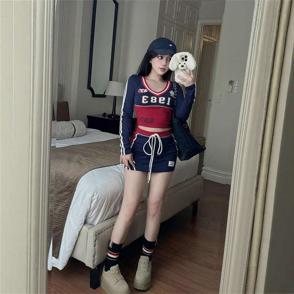 Autumn New Slim Fit Fashion Print Color Block Spicy Girl Long Sleeve Top With Tie Short Skirt Set B5