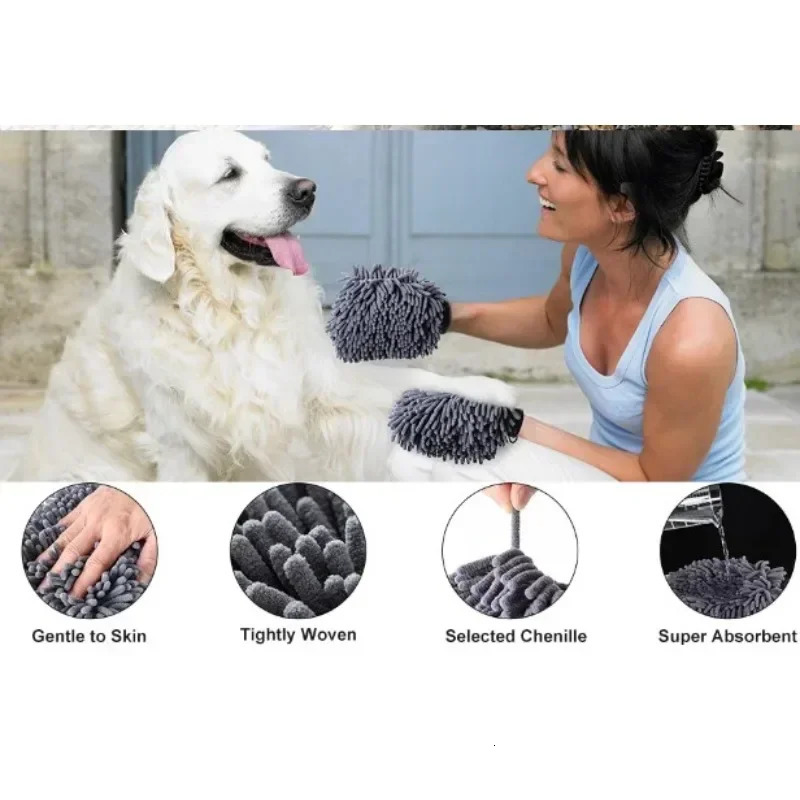 Pet Grooming Glove Quick Drying Dogs Paw Towel Chenille Microfiber Double Sided Dogs Grooming Mitt for Large Medium Small Dogs 250614