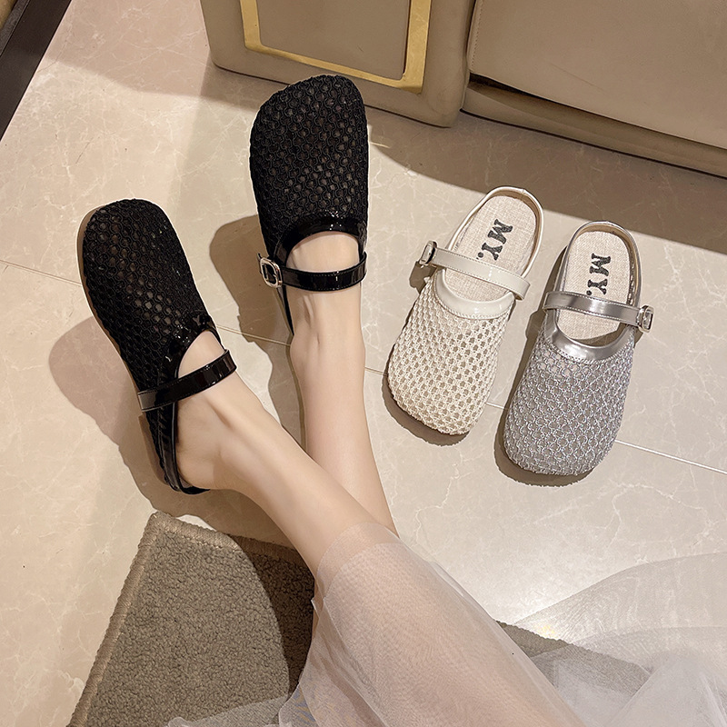 Ddmyoutdoor Korean Mesh Hollow Out Slippers For Women Summer New Fairy Style Elegant Shallow Mouth Flat Sandals Fishnet Shoes Outdoor Shoes