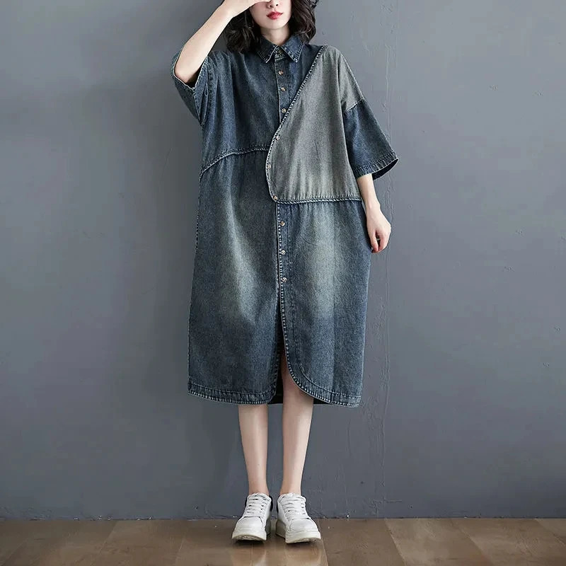 VWBQNZ Oversized Short Sleeve Denim Dress 2025 Summer Fashion Loose Vintage Splice Denim Dress Women Casual Clothing 250609