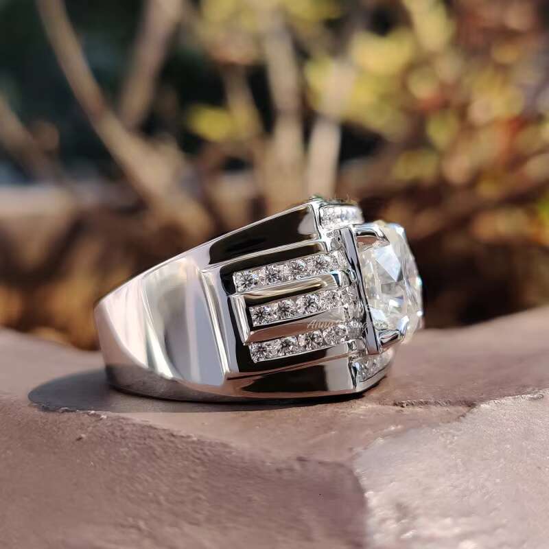 Luxury Solid 10k White Gold Mens Engagement Ring 6.26CT Round Brilliant Cut Trio Channel Set Unique Moissanite Engagement Ring