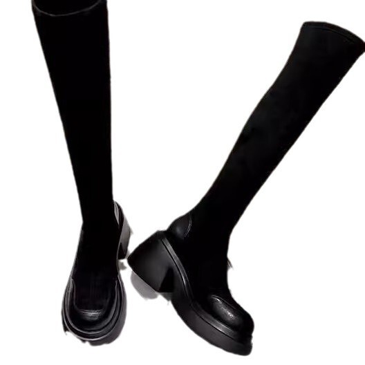 Ddmysports Autumn Winter New Thick Sole Height Increasing Elastic Slim Women Black Sock Petite Mid Calf High Long Boots Outdoor Shoes