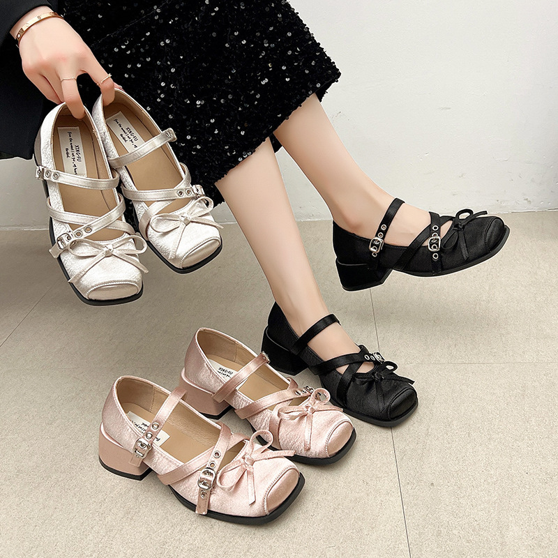 Ddmyoutdoor Chunky Mid Heel French Square Toe Bowknot Mary Jane For Women To Match Skirts Spring New Single Shoes Outdoor Shoes