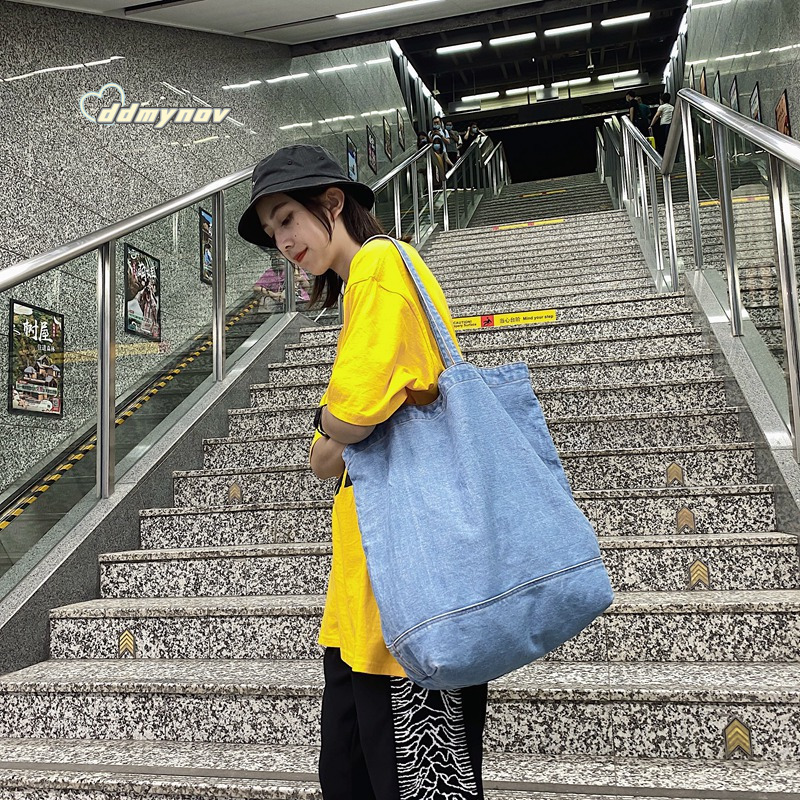 Korean Style Harajuku Denim Canvas for Women Simple Shoulder Large Capacity Solid Color Student Class Tote Bag ddmynov