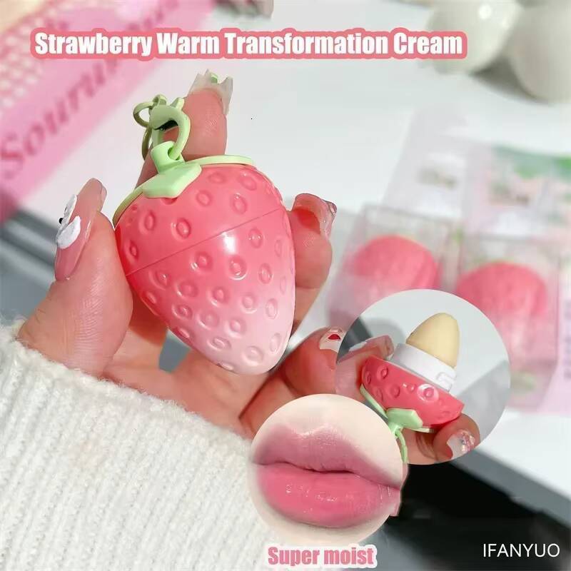 1PC Strawberry Keychain Warming Lip Balm Long Lasting Natural Pink Tint Color Changing Lipstick Fruity Lips Care Makeup happy