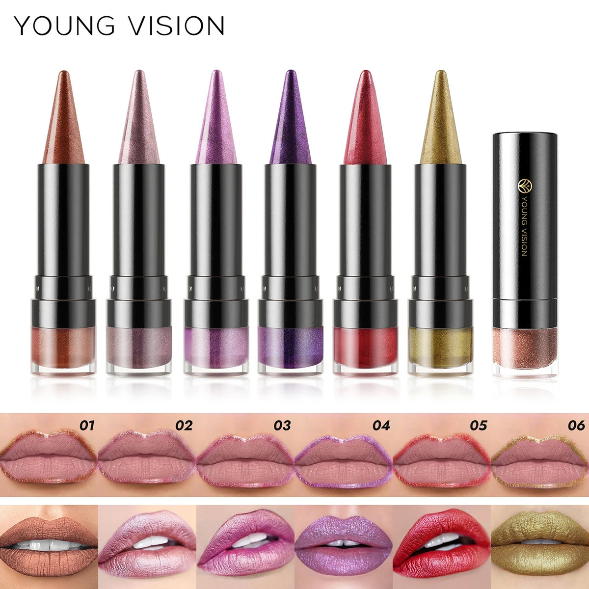 YOUNG VISION 6 colors matte pearl fine glitter diamond dual-purpose lipstick long-lasting easy to color non-stick cup lipstick 250614