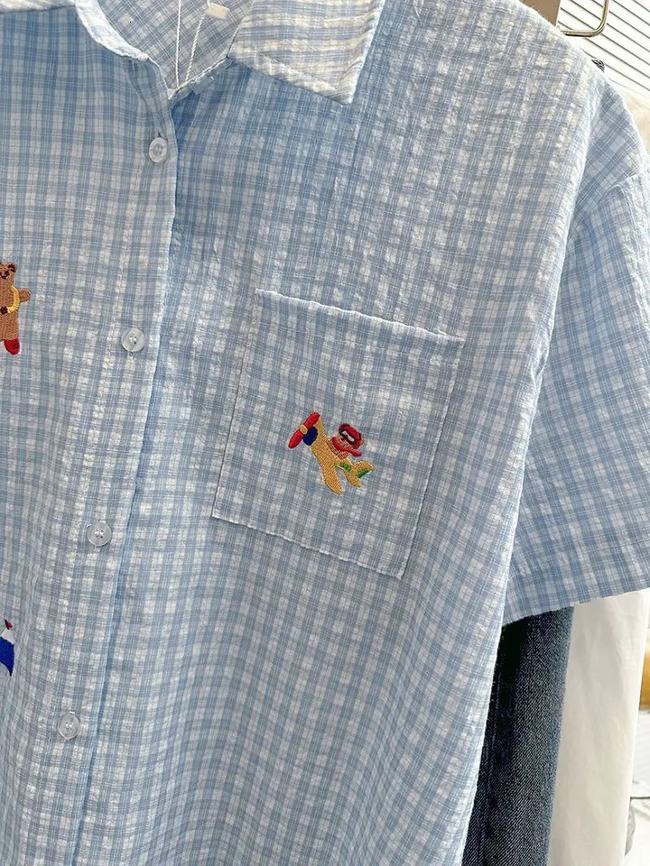 Womens Plaid Short Sleeve Shirt Vintage Summer Harajuku Turn Down Collar Blouses Cartoon y Loose Ladies Blouse 250614