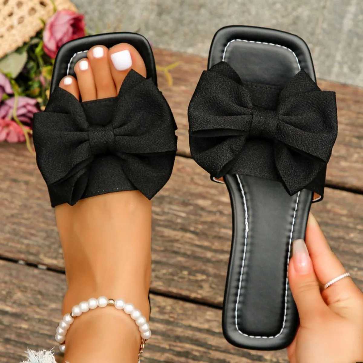 Women Black Bow Decor Slide Sandals Summer Outdoor Fashion Sexy Elegant Casual Flats Office Party Non-slip Crystal Bow Tie 2025 Z250614
