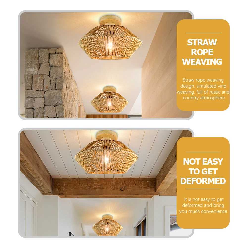 Rattan Ceiling Light Straw Rope Weaving Design LED Flush Mount Fixture for Bedroom Living Room Decor XJ2500613