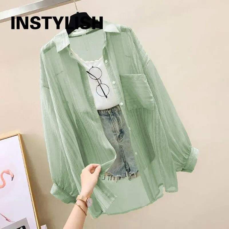 Summer Sunscreen Shirt Elegant Perspective Thin Chiffon Blouse Korean Harajuku See Through Loose Top Casual Womens Cardigan 250614