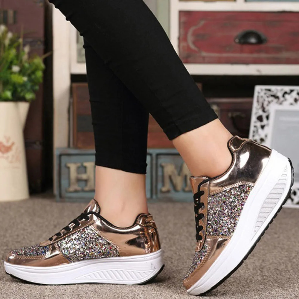 Fashion Ladies WomenS Shoes Sport Sequins Wedges Shoes Shake Silver Comfortable Sport Jogging Tennis Lace-Up Running Sneakers 250610